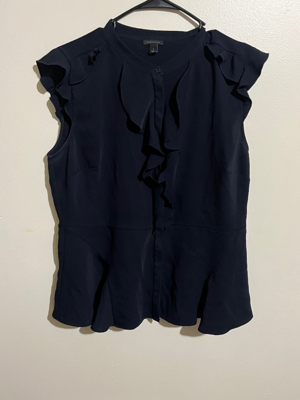 Navy Blue Ruffled Peplum Button Shirt